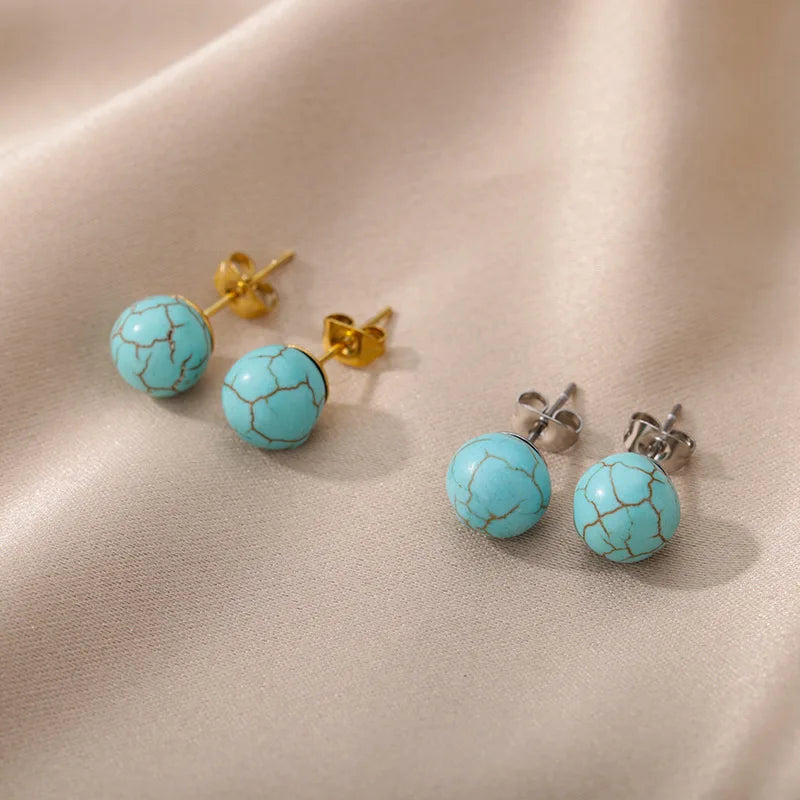 1 Pair Natural Stone Stud Earrings For Women Men Round Turquoises Tiger Eye Lapis Lazuli Beads Earring Fashion Jewelry Gift