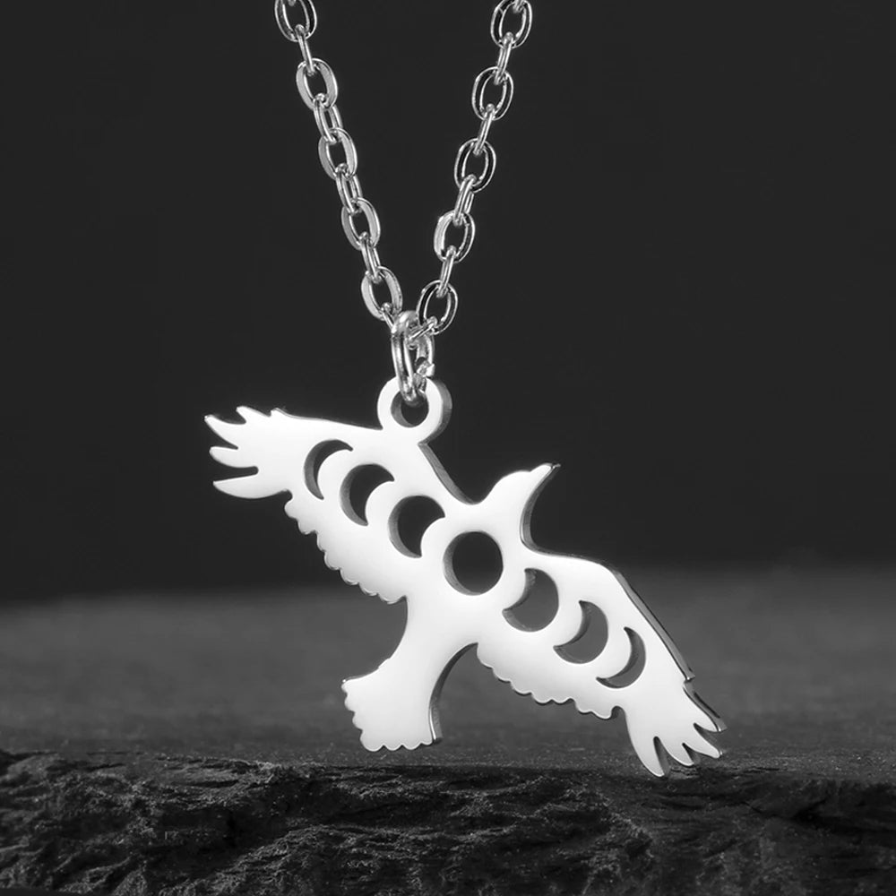 Dawapara Moon Phase Cutout Crow Necklace Earrings Ring Raven Jewelry Set Good Luck Mythical Creatures Pendant Stainless Steel