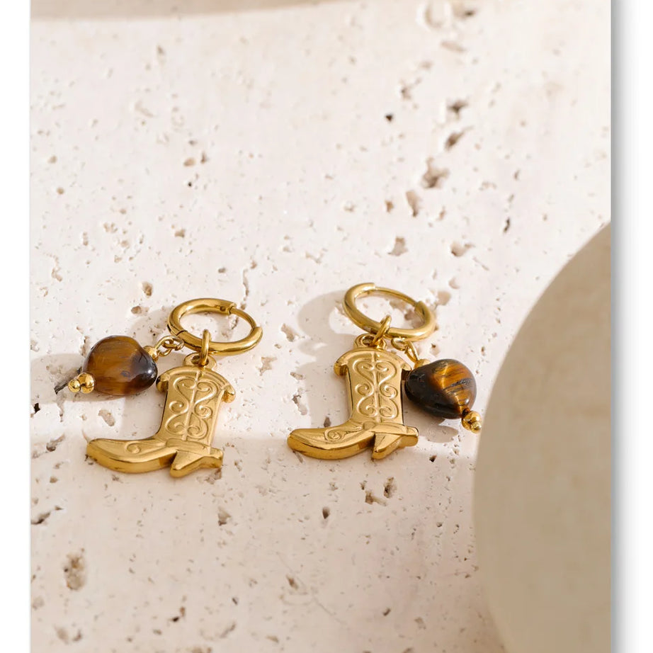 Natural Tiger Stone Boot Charm Drop Hoop Earrings, Stainless Steel Vintage Jewelry