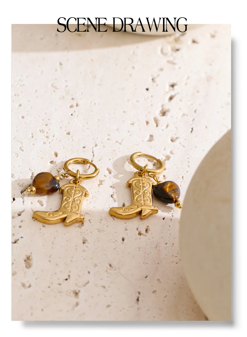 Yhpup Natural Tiger Stone Boots Shoes Pendant Drop Hoop Earrings Stainless Steel Charm Vintage Fashion Jewelry Prevent Allergy