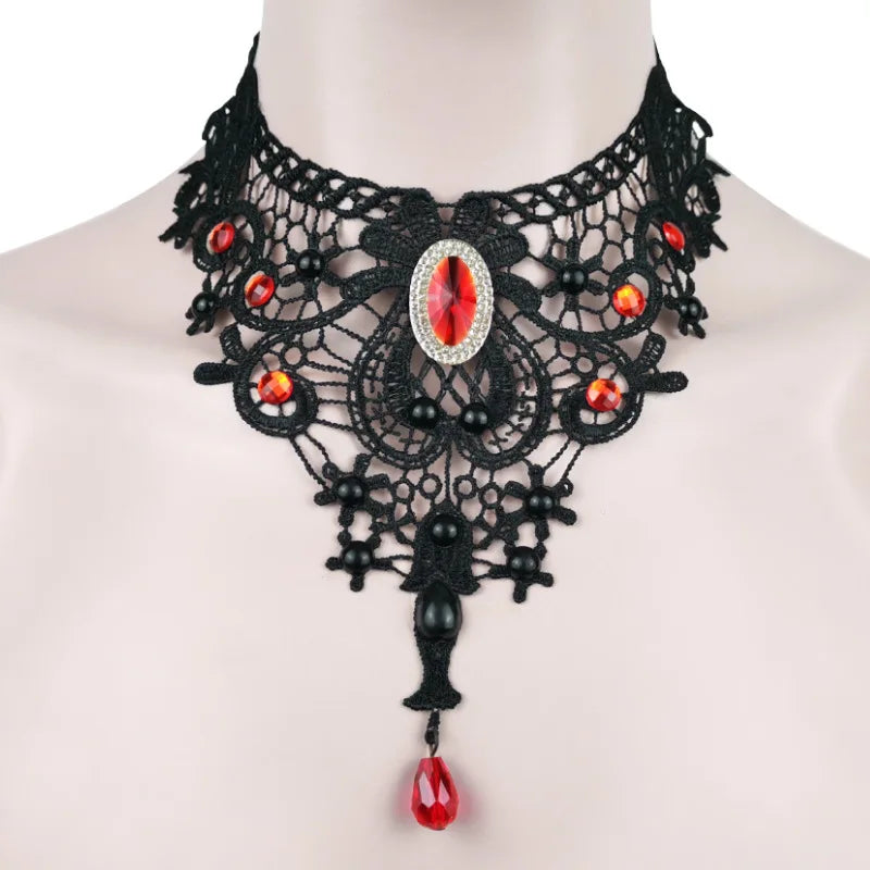 Gothic Chokers Black Beaded Flowers Sexy Lace Neck Choker Necklace Vintage Tassel Chain Women Steampunk Halloween Jewelry - Charlie Dolly