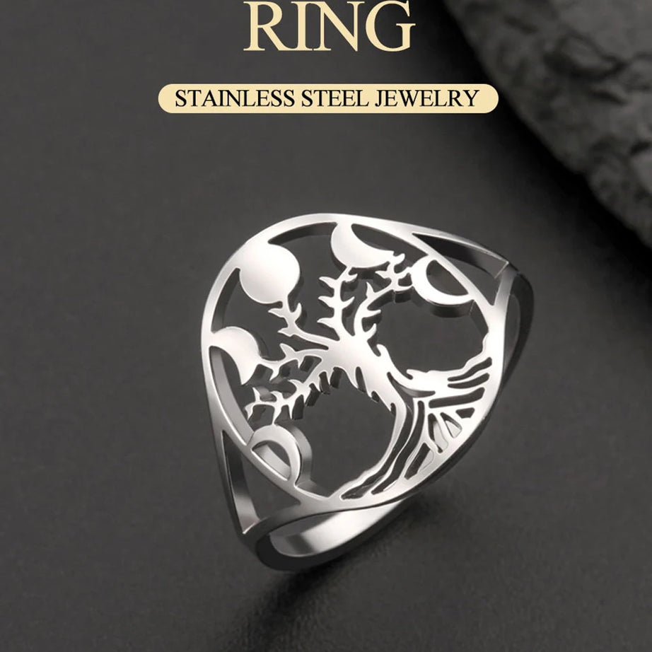 Moon Phase Tree of Life Ring, Stainless Steel