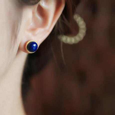 Lapis lazuli classic round bead earrings woman exquisite retro court style deep blue earings stud banquet fine jewelry gifts - Charlie Dolly