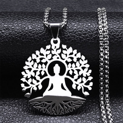 Buddhism Meditation Buddha Yoga Pendant Necklace Stainless Steel Tree of Life Necklace Buddhist Jewelry collares para mujer