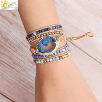 CSJA Natural Stone Bracelets Green Fluorite Crystal Aventurine Bead Leather Wrap Bracelet Multilayer Boho Jewelry Pulseira G118