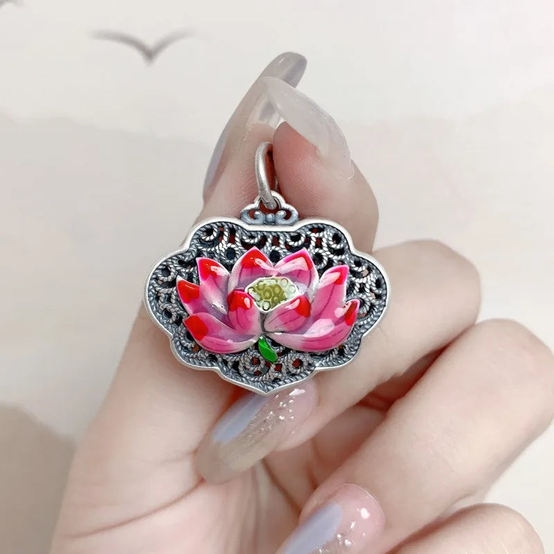 Vintage Enamel Pink Lotus Flower Heart Sutra Necklace for Women Hollow Out Ruyi Pendant Clavicle Chain 925 Silver Jewelry