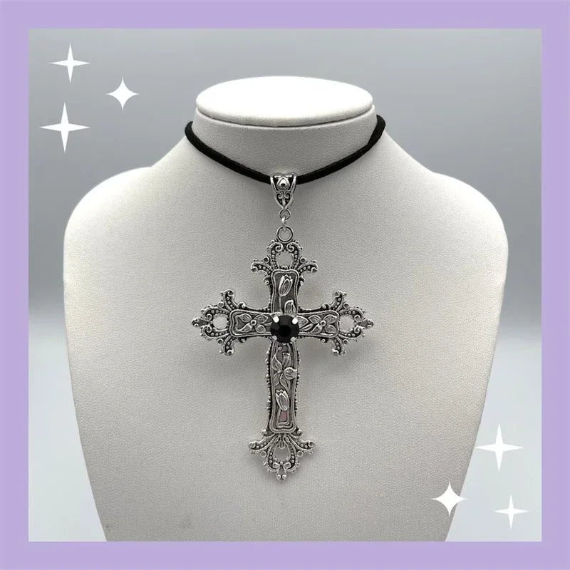 Goth Limited Black Velvet Cross Bead Choker Necklace Jewelry Gorgeous Women Punk Gift Statement New Gothic Halloween Grunge - Charlie Dolly