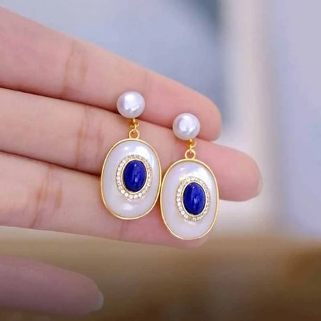 New style inlaid lapis lazuli artificial artificial fritillary earrings for women emerald vintage pearl wedding silver jewelry - Charlie Dolly