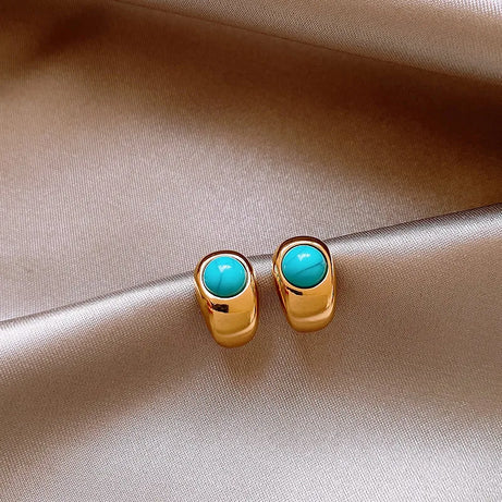 Natural Turquoise Curved Earrings, Gold Copper Casual Elegant Boho Jewelry