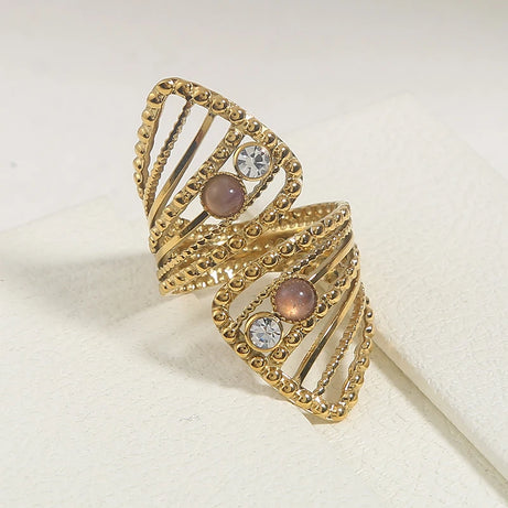 Boho Zircon Twisted Hollow Engagement Rings For Women Baroque Natural Stone Stainless Steel Bling Ring Wedding Fashion Jewelry - Charlie Dolly