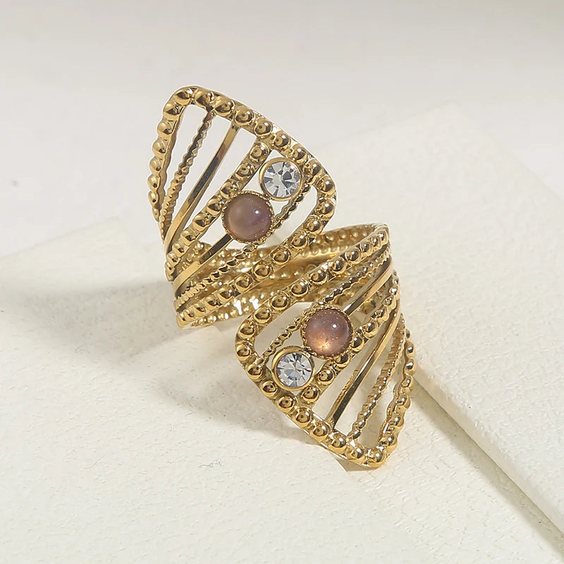 Boho Zircon Twisted Hollow Engagement Rings For Women Baroque Natural Stone Stainless Steel Bling Ring Wedding Fashion Jewelry