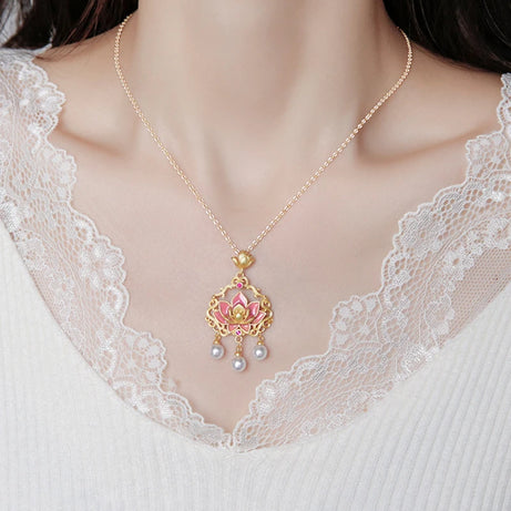 Pink Lotus Ruyi Lock & Pearl Tassel Enamel Necklace, Buddhist Blessing Talisman