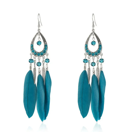 Feather Crystal Tassel Boho Dangle Earrings Jewelry