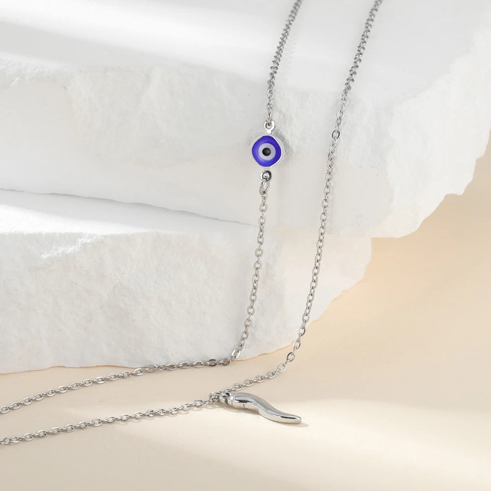 Dawapara Italian Horn and Blue Evil Eye Charm Necklace Double Layer Women Necklace Spiritual Protection Amulet Religious Jewelry