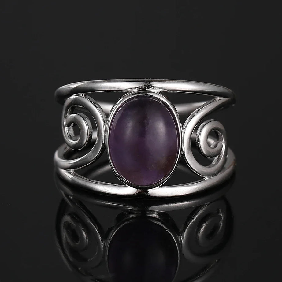 Vintage Spiral Swirl Ring Oval Natural Stone Inlay Open Band Minimalist Boho Statement Ring for Women Fashion Jewelry Wholesale - Charlie Dolly