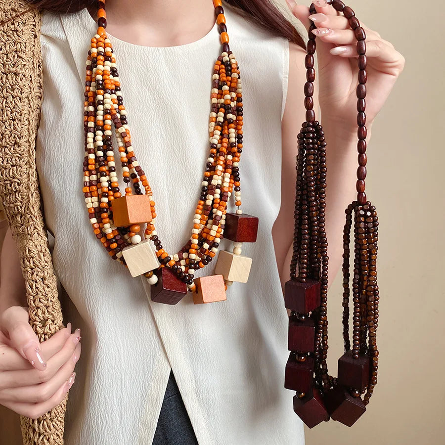 Cubic Wood Bead Multilayer Statement Necklace Jewelry