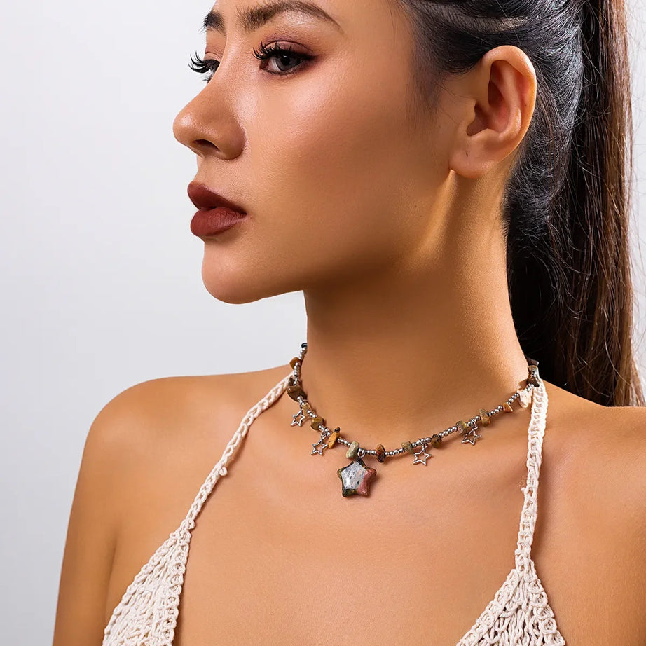Boho Kpop Colorful Irregular Natural Stone Hollow Star Pendant Choker Necklace Women Goth Beads Chain Y2K Jewelry Accessorie New - Charlie Dolly