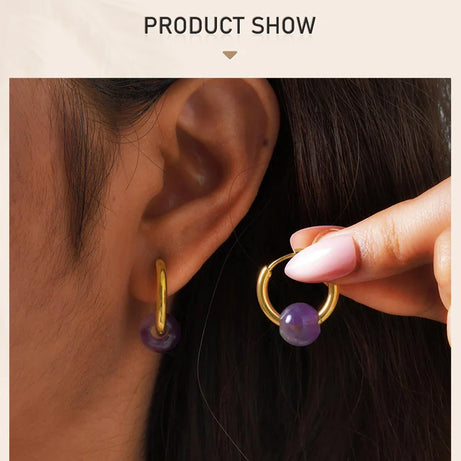 Natural Amethyst Beaded Hoop Earrings, Gold-Plated Stainless Steel Waterproof Jewelry