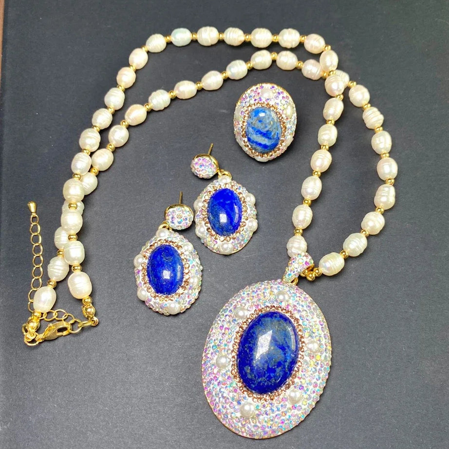 Unique Natural Lapis lazuli Gemstone Jewelry Set for Women AB Rhinestone Freshwater Pearl Quartz Necklace Rings Lady Dress Acces - Charlie Dolly