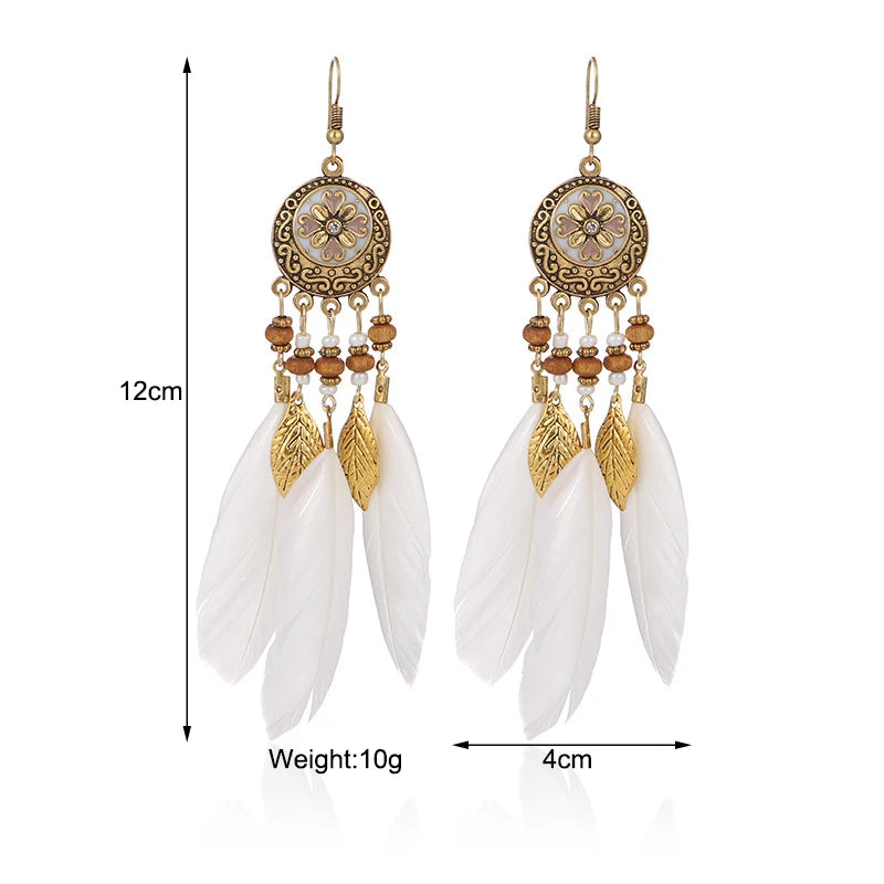 Bohemian Vintage Jewelry For Women Trendy Carved Leaf Feather Tassel Long Earrings Boho Flower Beads Handmade Wedding Earrings