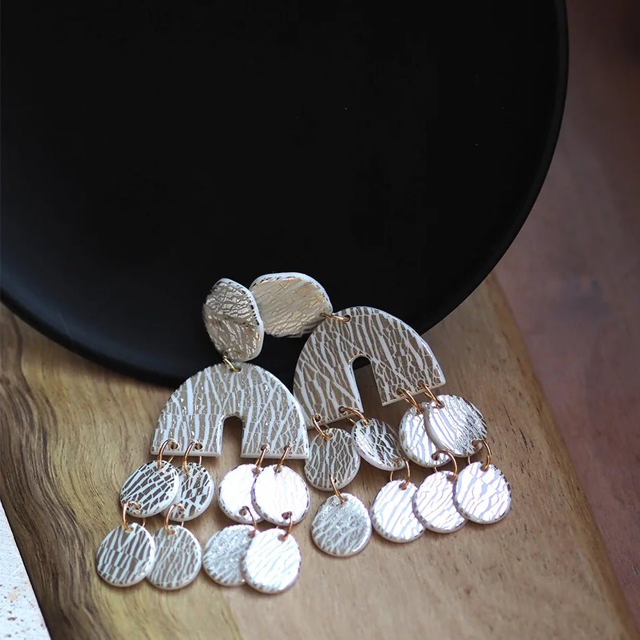 Metallic Clay Arch Fringe Statement Earrings Jewelry