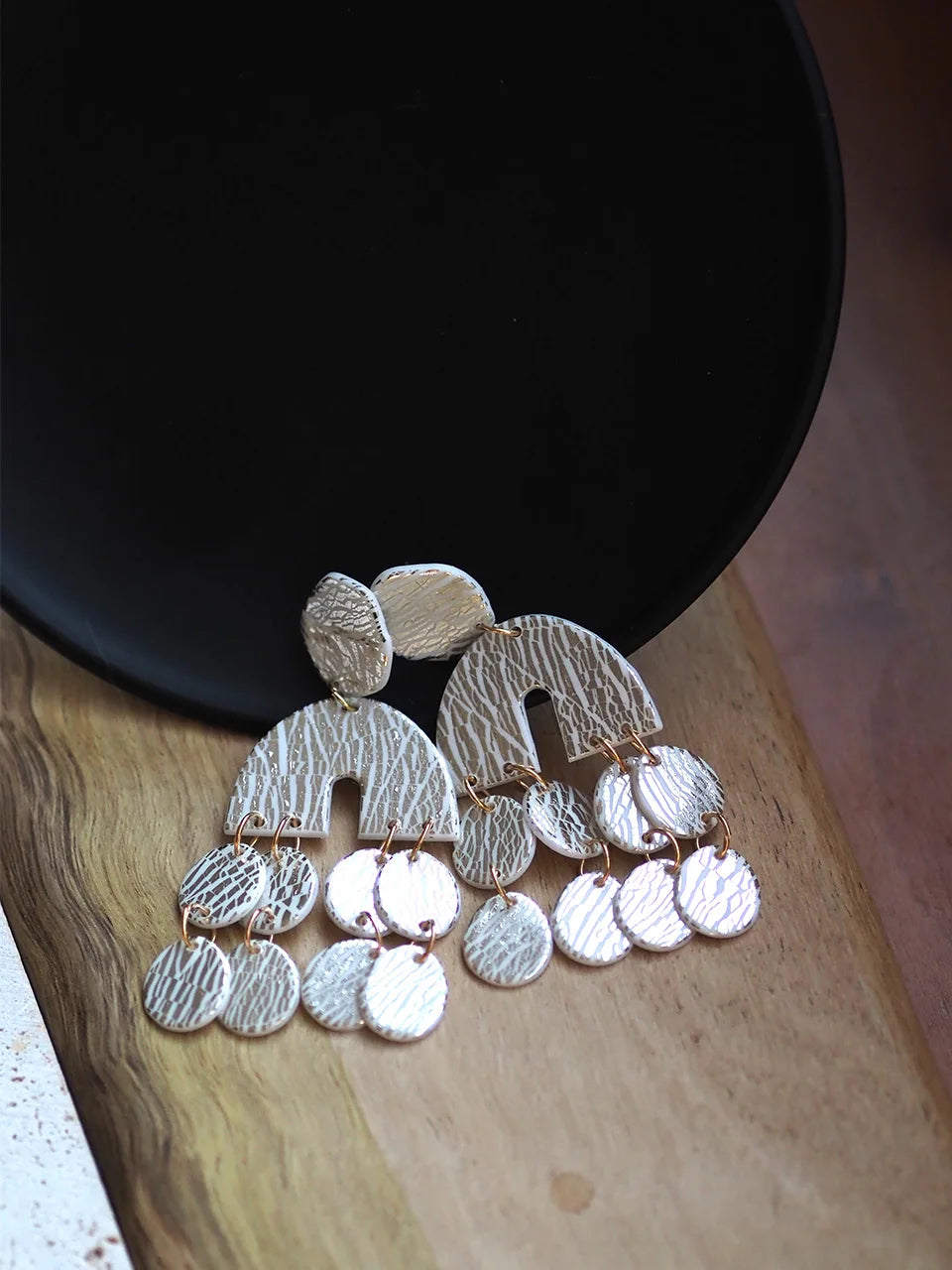 Boho Chic Metalic Textured Polymer Clay Statement Earrings Large Geometric Arch Drop with Round Fringe Aesthetic Jewelry Summer