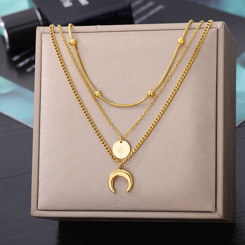 Stainless Steel Geometry Star Moon Butterfly Pendant Multilayer Chain Choker Necklace For Women Wedding Accessories Dropshipping - Charlie Dolly