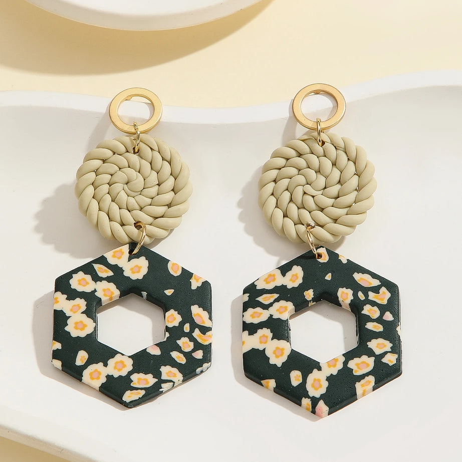 Floral Geometric Polymer Clay Statement Earrings Jewelry