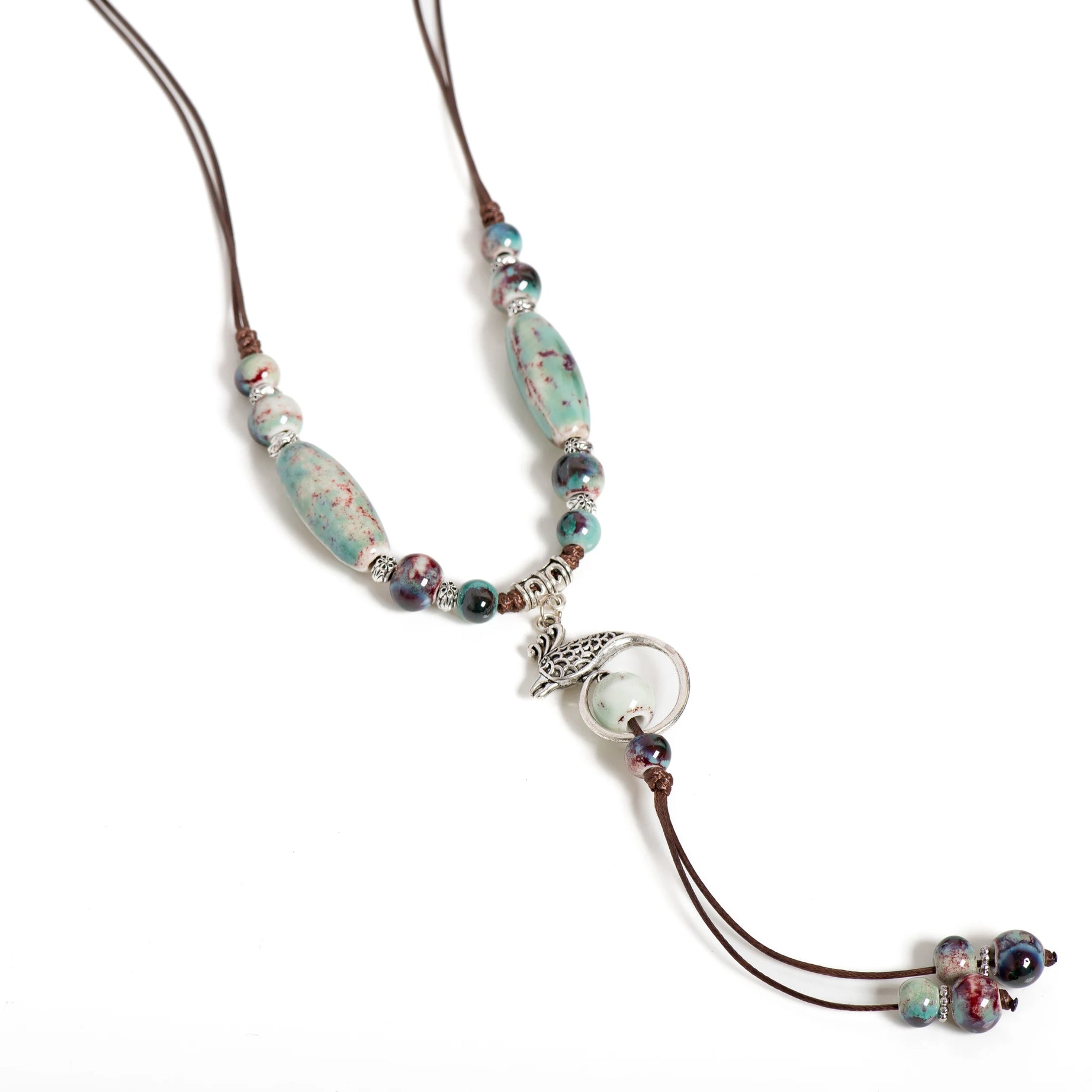 Phoenix Ceramic Bead Long Tassel Necklace Jewelry
