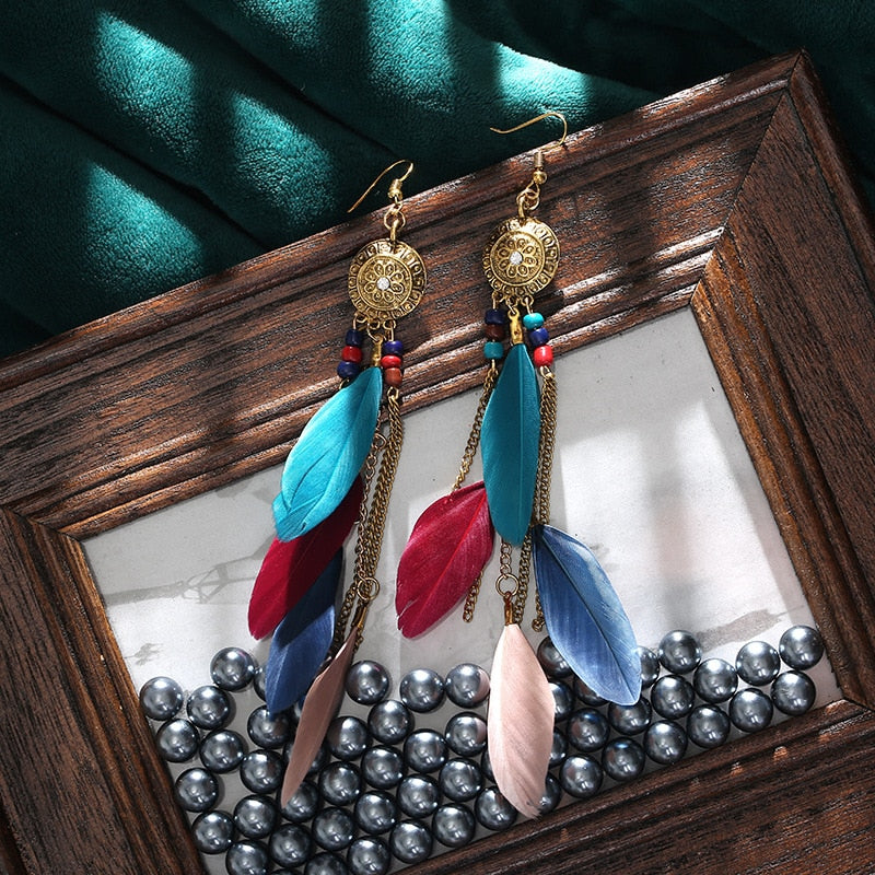 Fashion Earrings Bohemian Ethnic Style Leaf Earrings Jewelry Retro Long Tassel Colorful Feather Earrings Jewelry Gift - Charlie Dolly