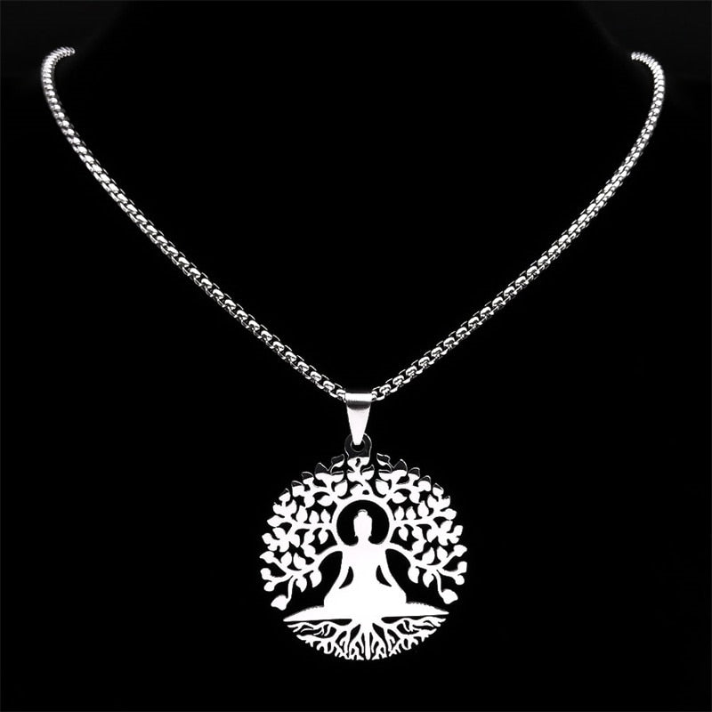 Buddhism Meditation Buddha Yoga Pendant Necklace Stainless Steel Tree of Life Necklace Buddhist Jewelry collares para mujer - Charlie Dolly