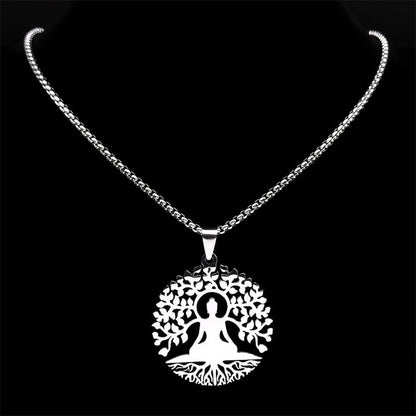 Buddhism Meditation Buddha Yoga Pendant Necklace Stainless Steel Tree of Life Necklace Buddhist Jewelry collares para mujer