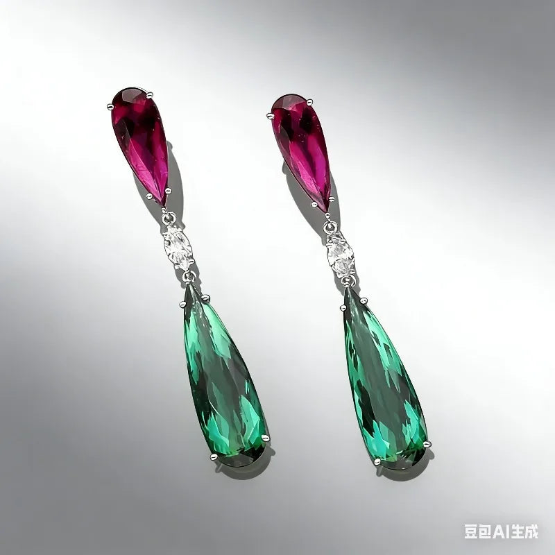 Luxury Green Zircon Drop Shape Boho Earrings for Women Fashion Engagement Jewelry Long Purple Stone Dangle Earrings