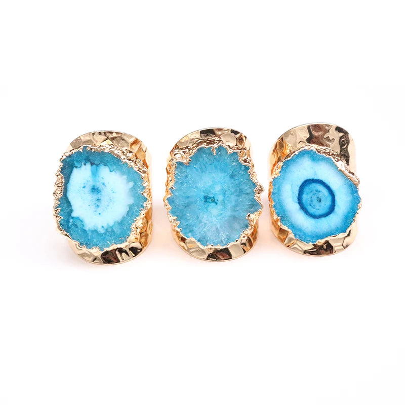 Irregular Geode Stone Agate Slices Open Ring Unisex Black Color Boho Resizable Finger Jewelry