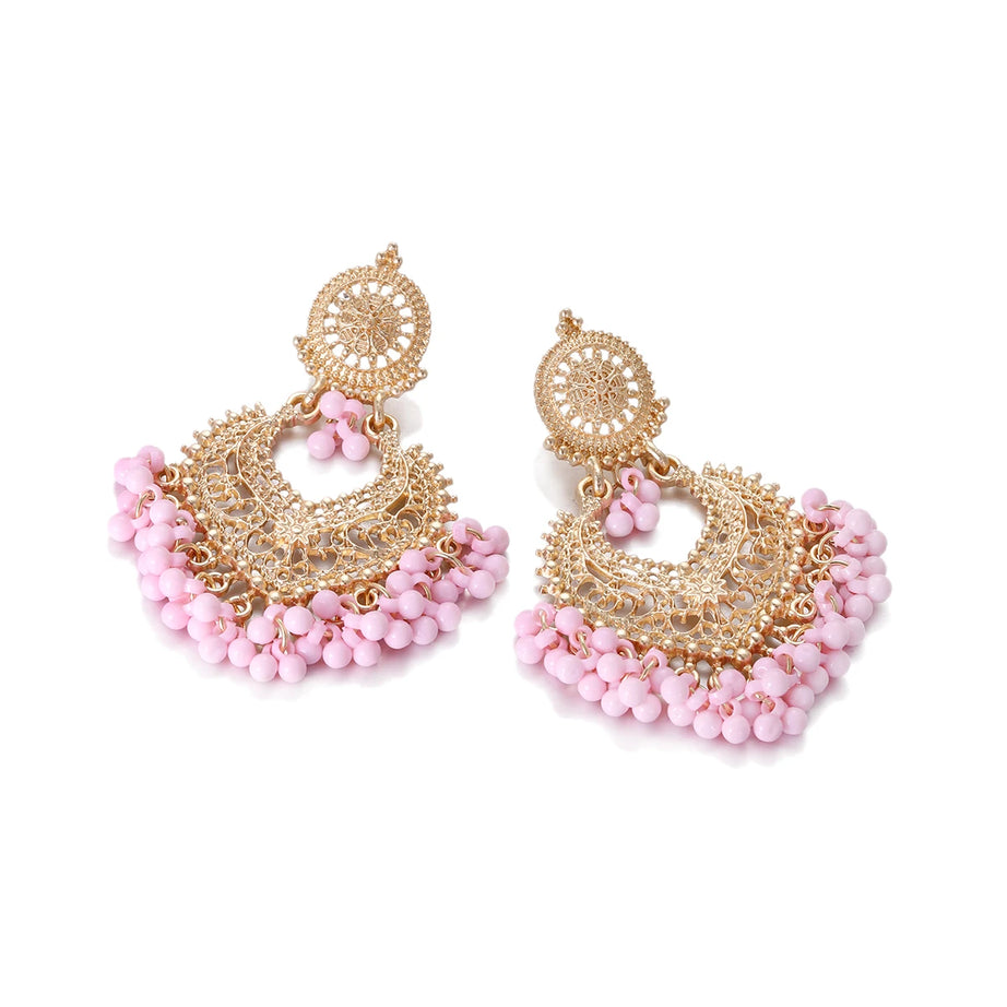 Gold Carved Heart Pink Bead Jhumka Earrings Jewelry