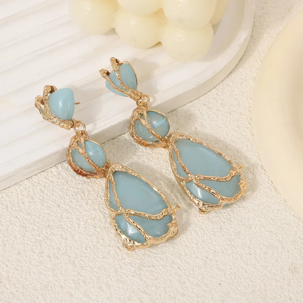 Natural Resin Waterdrop Metal Mesh Earrings For Women Retro Crystal Geometric Dangle Ear Stud Charms Party Jewelry Boho Gifts