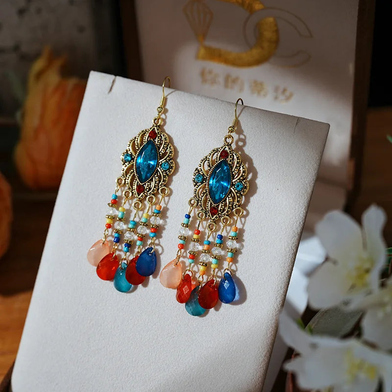 Vintage Bohemian Long Drop Dangle Earrings For Women Geometric Beads Handmade Tassel Crystal Ethnic Boho Wedding Earings Jewelry