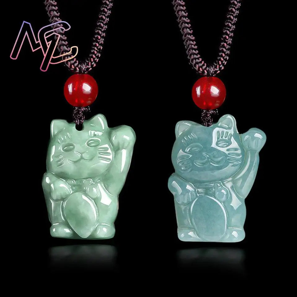 Myanmar Jadeite Cat Pendant Necklace Luxury Gifts for Women Burmese Jade Fashion Accessories Carved Amulet Designer