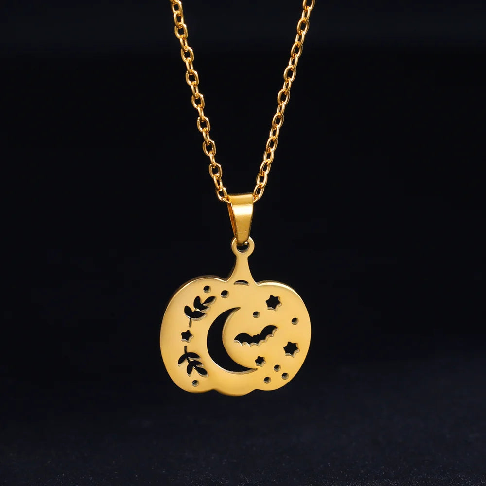 Cazador Halloween Pumpkin Bat Moon Necklace for Women Stainless Steel Pendant Chain Necklace Jewelry Party Gift 2024 Wholesale - Charlie Dolly