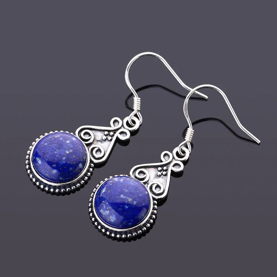 S925 Silver Drop Earring 10MM Round Lapis Lazuli Blue Pendant Earrings Engagement Wedding Women Fine Jewelri - Charlie Dolly