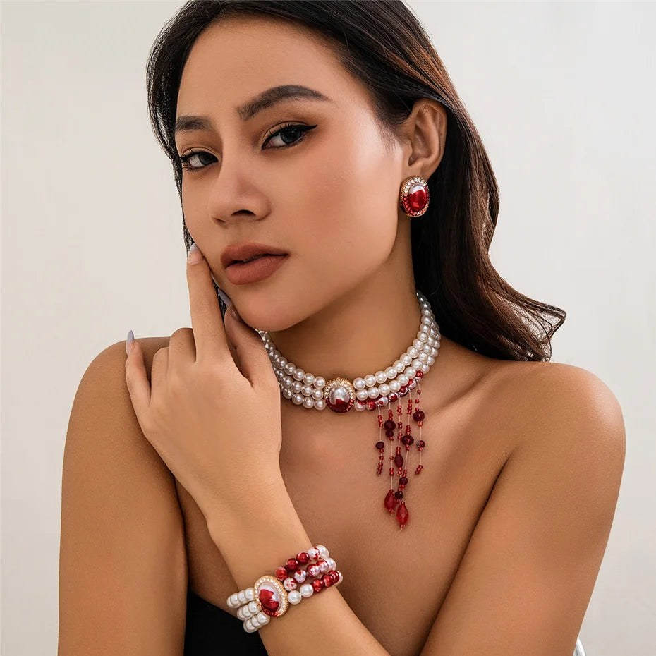 Goth Creative Red Blood Pattern Imitation Pearl Chain Necklace for Women Punk Long Tassel Beads Pendant Halloween Wed Jewelry - Charlie Dolly