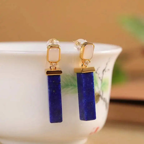 GEEZENCA 925 Silver Gold Plated Lapis Lazuli Bar Charm Dangle Drop Earrings Women CZ Geometric Oblong Simple Trendy Earring Gift - Charlie Dolly