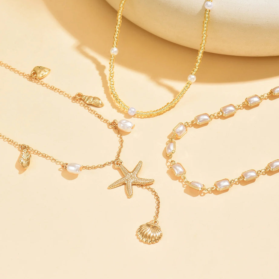 Cowrie Shell and Pearl Layered Boho Necklace Set (3 Pieces)