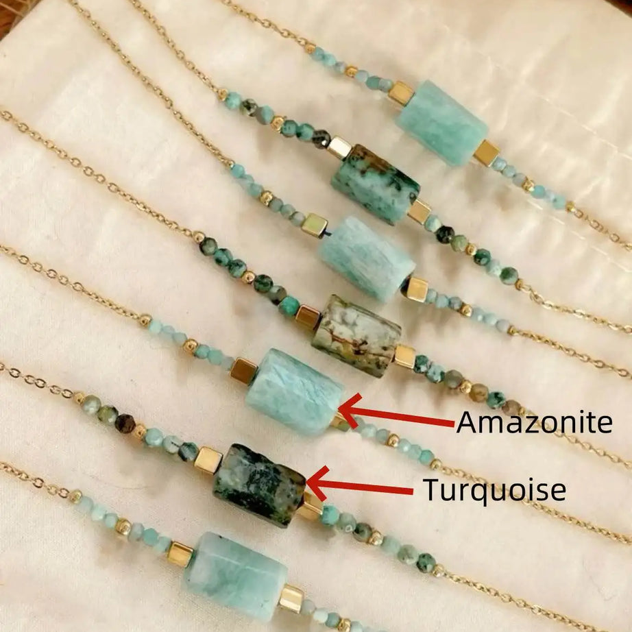 Boho  Beach Jewelry Chic Natural Stone Turquoise Amazonite Beaded Bracelet with Gold Plated Chain Women's  Gift - Charlie Dolly