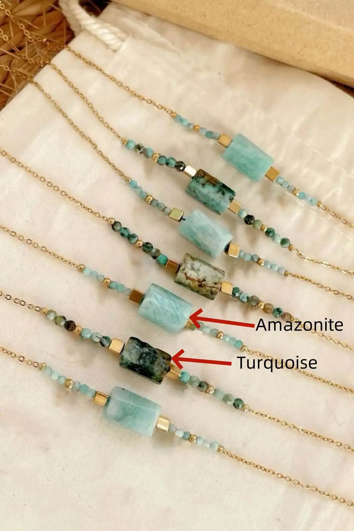 Boho  Beach Jewelry Chic Natural Stone Turquoise Amazonite Beaded Bracelet with Gold Plated Chain Women's  Gift
