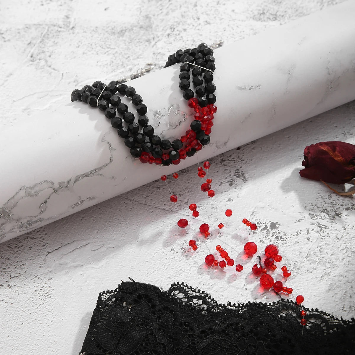 Salircon Gothic Multi layered Black Crystal Bead Choker Fashion Red Bead Tassel Pendant Necklace Women Halloween Cosplay Jewelry - Charlie Dolly