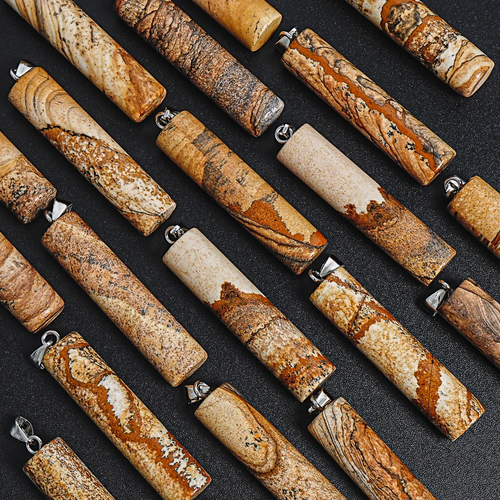 NATURAL PICTURE JASPER CYLINDRICAL PENDANT BROWN STONE 50X12MM FOR BOHO JEWELRY MAKING DIY NECKLACE BRACELET CHARM GIFT FOR HER