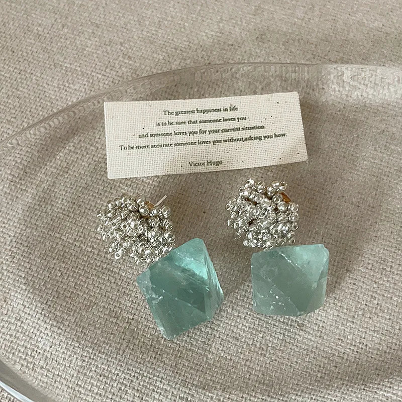 Minar Handmade Irregular Green Natural Stone Metal Beads Strand Hanging Dangle Earrings for Women Mujer Party Holiday Jewelry