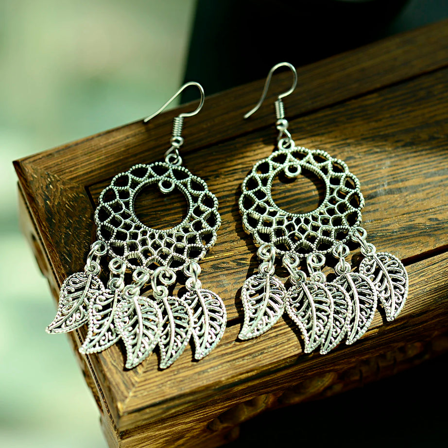 Silver Hollow Round Leaf Tassel Jhumki Earrings Jewelry