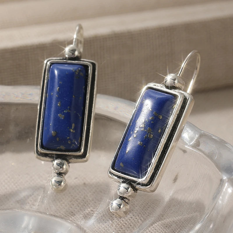 Ethnic Silver Color Imitation Lapis Lazuli Dangle Women's Earrings Square Daily Wear